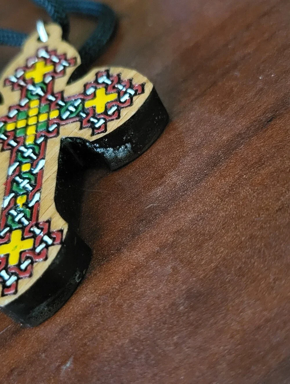 Ethiopian Coptic Wooden Cross Pendant Necklace Hand Painted Traditional Design